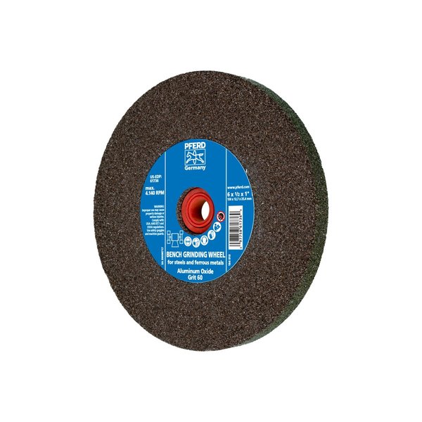 Pferd 6" x 1/2" Vitrified Bench Wheel - 1" A.H., Aluminum Oxide, 60 Grit 61736